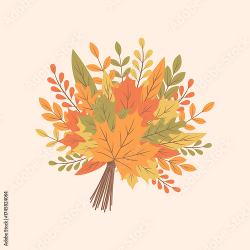 Bouquet of colorful autumn leaves, flat vector illustration