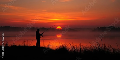 Silhouetted figure fishing at sunset over tranquil pond, pond, bank