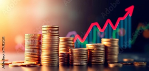 Several stacks of coins beside an upward trending investment chart,  fund,  economics