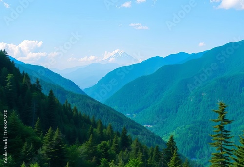 Serene teal mountains, lush evergreen forest, tranquil vista, panorama, nature