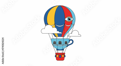 Whimsical hot air balloon shaped like a teacup with a smiling eye.