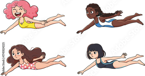 Cartoon girls swimming, diverse characters, water activity, swimsuits, floating pose, motion, summer fun, vector illustration, sport, pool scene