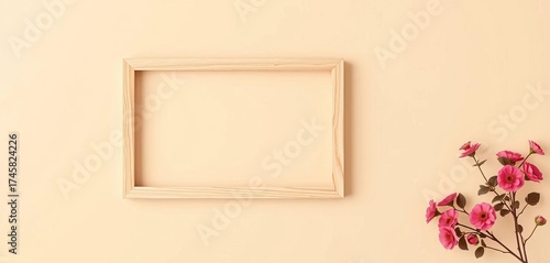 Simple, light wood photo frame on beige background,  picture frame,  gallery
