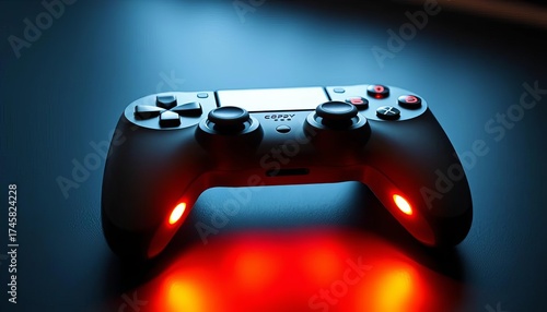 Sleek modern gamepad on dark surface, glowing buttons,  interface,   minimal