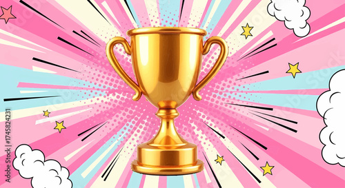 Winner's victory success award with a golden cup trophy, a championship pop art comic style vector illustration