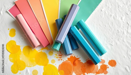 Soft pastel chalks in vibrant hues arranged with color swatches on textured paper,   soft pastels, pastel chalk