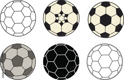 Set of six realistic soccer balls in various designs and patterns, vector illustration for sports theme, football equipment, and athletic background design