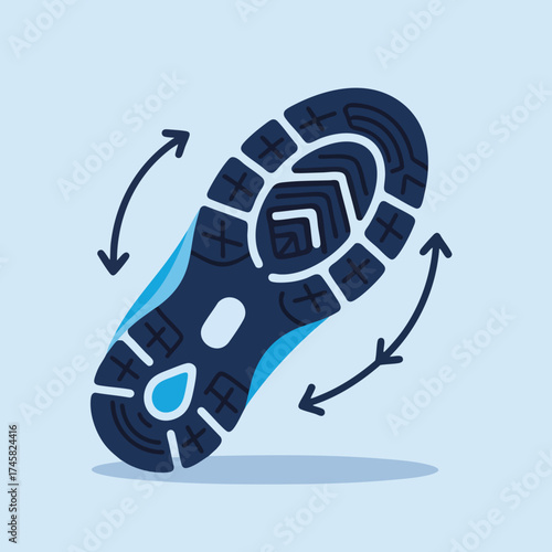 Illustration of a shoe sole showing pronation and supination. Orthopedic concept for foot support and stability. Biomechanics of running vector icon.
