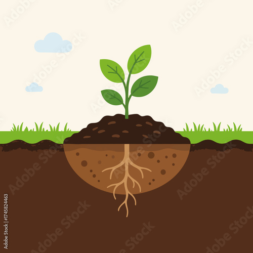 A young green plant sprout growing in soil with a visible root system. Cross-section of earth showing underground growth. Agriculture and ecology concept