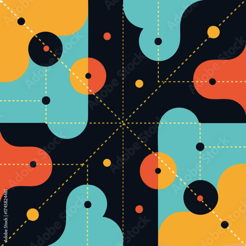 Symmetrical abstract geometric pattern with colorful shapes. Modern flat design with interconnected lines and dots representing a technology network