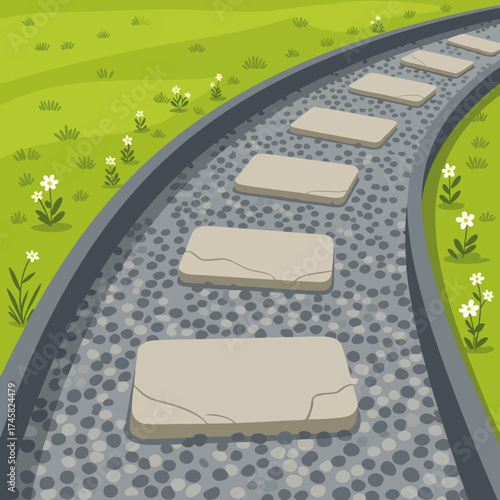 A garden path with stepping stones on a green lawn. Vector illustration of a walkway leading forward. Journey and progress concept