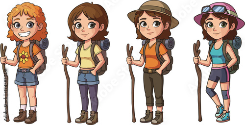 Cartoon hiking characters, outdoor adventure, trekking gear, walking sticks, backpacks, nature exploration, diverse outfits, vector illustration, mountain hike, camping fun