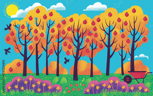 Apple Trees in Autumn Garden – Colorful Digital Illustration Featuring Fall Foliage, Ripe Apples, and Seasonal Landscape for Decorative and Design Use