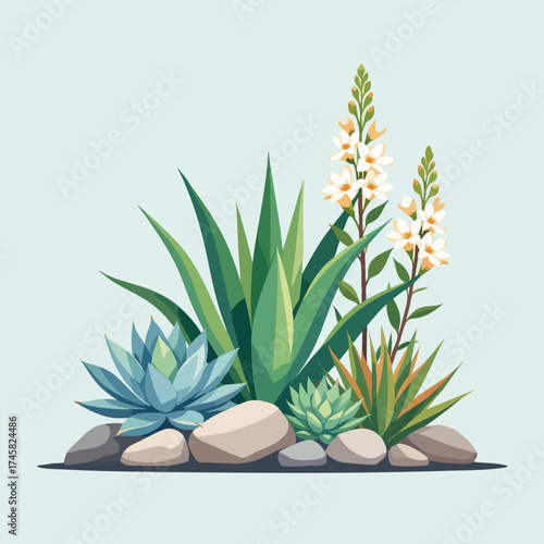 A modern illustration of a succulent garden with blooming flowers. Botanical desert plant composition with rocks isolated on a light green background