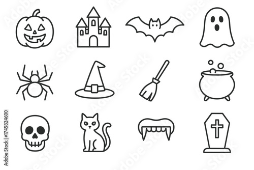 Halloween symbols: pumpkin, haunted house, bat, ghost, spider, witch hat, broom, cauldron, skull, cat