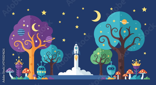 Whimsical Night Scene with Rocket Launch and Alien Creatures.