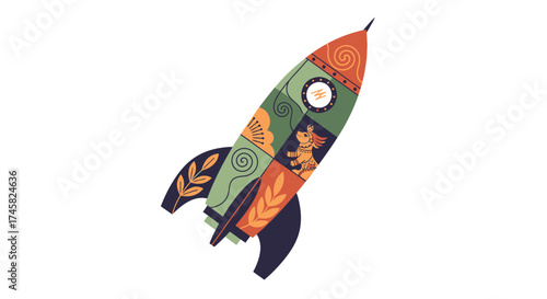 Whimsical Rocket Ship Illustration with Folk Art Inspired Design.