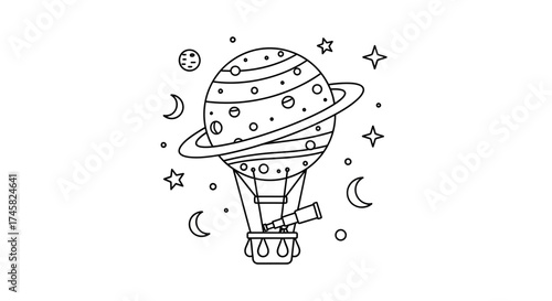 Whimsical Space Adventure - Planet Balloon Soaring Through Stars and Moons.