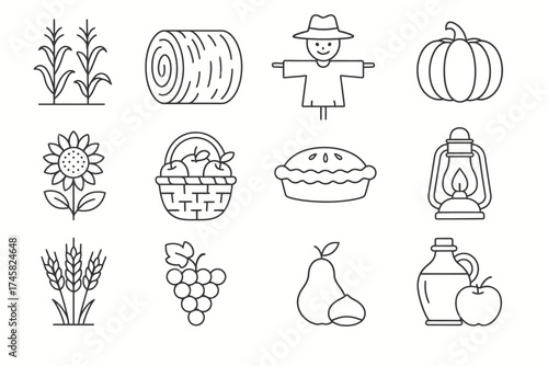 Autumn harvest icons: corn, hay, scarecrow, pumpkin, sunflower, orchard bounty