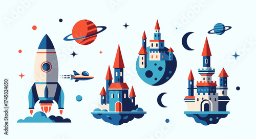 Whimsical Space Adventure - Rocket, Planets, and Floating Castles Illustration.