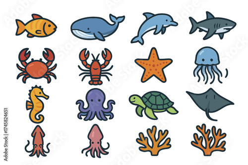 Colorful cartoon sea creatures collection: fish, whale, dolphin, shark, starfish, and more