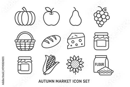 Autumn market icon set: pumpkin, apple, cheese, corn, jam, flour, sunflower symbols