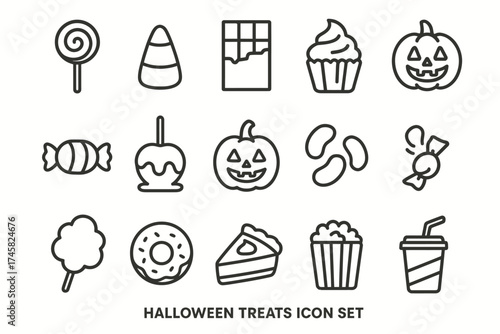 Halloween treats icon set featuring candy, pumpkins, and desserts