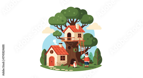 Whimsical Treehouse and Cottage Scene with Children Playing.