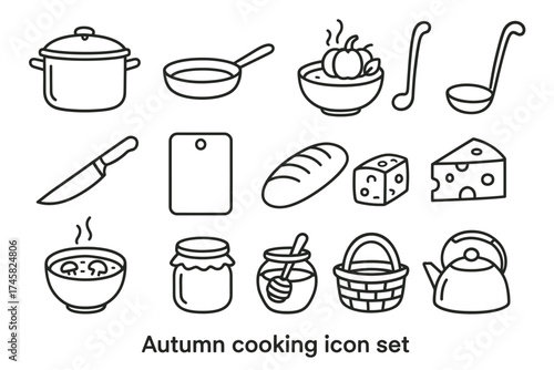 Autumn cooking icons: pot, pan, soup, knife, cheese, bread, kettle, basket, ladle