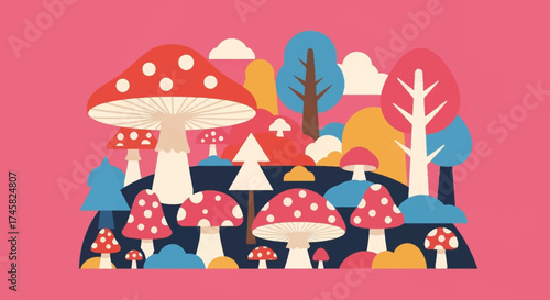 Whimsical Woodland Mushroom Forest Fantasy Illustration.