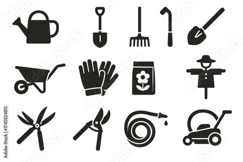 Silhouette set of gardening tools and accessories for outdoor maintenance