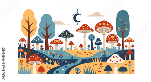 Whimsical Woodland Mushroom Landscape with Stylized Trees and Crescent Moon.
