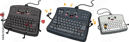 Cartoon keyboards, anthropomorphic tech characters, vector illustration, emotional devices, funny gadgets, expressive electronics, stock image, isolated background, colorful keys, digital art