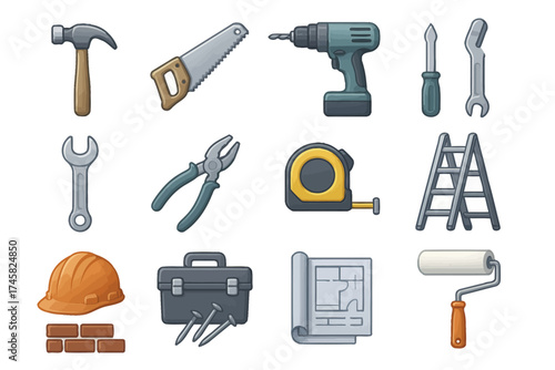 Collection of construction tools illustrations including drill, saw, ladder, wrench, hammer, and more