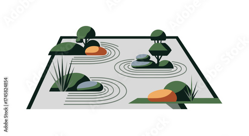 Zen Garden Illustration with Rocks, Plants, and Raked Sand.