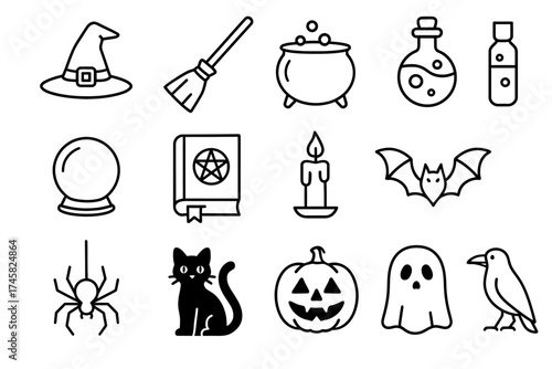 Halloween icons: witch hat, cauldron, crystal ball, spider, bat, black cat, pumpkin, ghost, raven