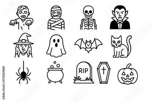 Halloween icon set featuring monsters, witch, ghost, bat, cat, spider, cauldron, tombstone, and pumpkin