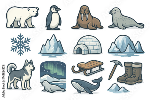 Arctic wildlife and winter symbols collection with polar bear and igloo