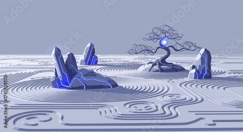 Zen garden with glowing blue rocks and a mystical bonsai tree.