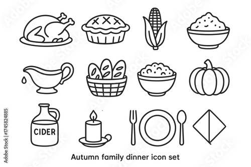 Autumn family dinner icon set with turkey, pie, corn, and more