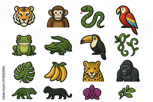 Colorful jungle animals and plants icon set featuring tiger, monkey, snake, parrot, and more