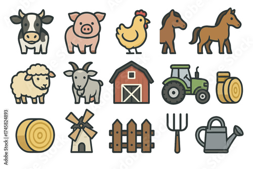 Farm animal and equipment icons: cow, pig, chicken, horse, sheep, goat, barn, tractor