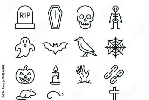 Halloween icons: skull, coffin, ghost, bat, pumpkin, spider web, and more