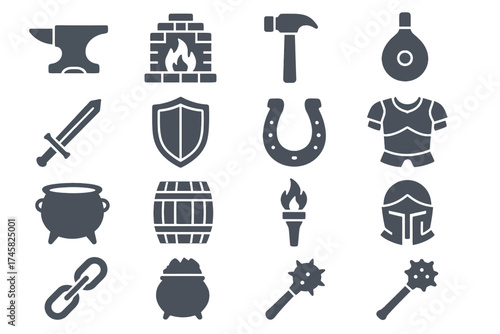 Medieval icons set featuring armor, weapons, and blacksmith tools