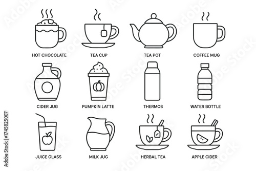 Outlined beverage icons: tea, coffee, and more in simple line art