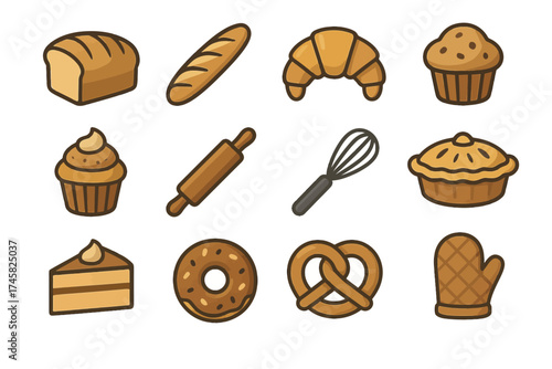 Assorted baked goods: bread, croissant, muffin, cupcake, pie, donut, pretzel icons