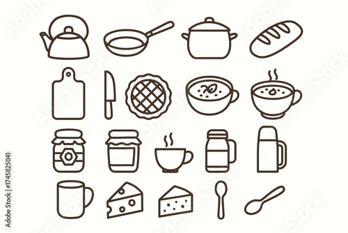 Collection of kitchen utensil icons featuring pans, jars, and crockery