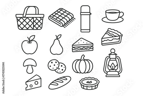 Outlined icons of picnic basket, food items, and lantern
