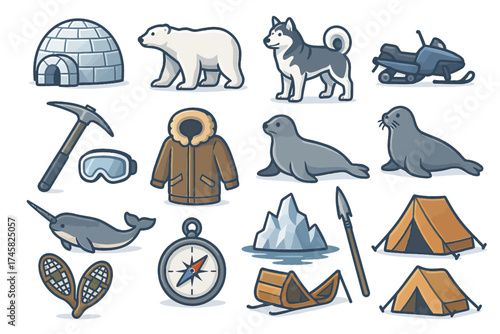 Arctic exploration objects and animals collection