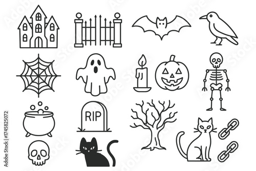 Halloween icons: haunted house, ghost, skeleton, cat, and more
